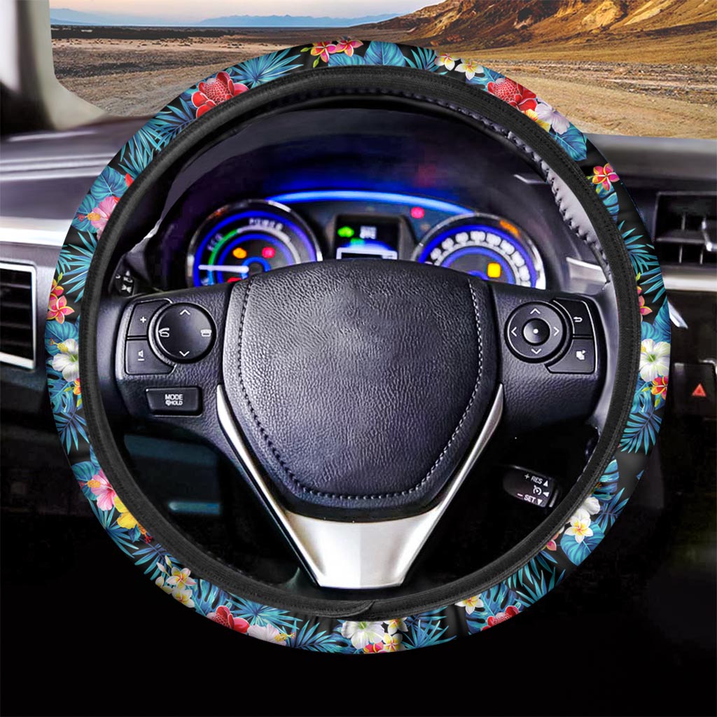 Turquoise Tropical Hawaii Pattern Print Car Steering Wheel Cover