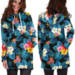 Turquoise Tropical Hawaii Pattern Print Hoodie Dress GearFrost