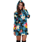 Turquoise Tropical Hawaii Pattern Print Hoodie Dress GearFrost