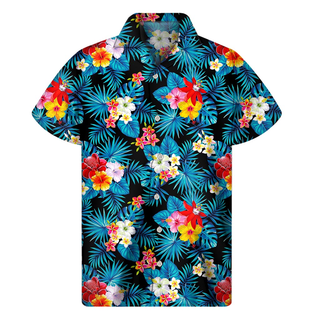 Turquoise Tropical Hawaii Pattern Print Men's Short Sleeve Shirt