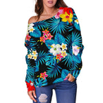 Turquoise Tropical Hawaii Pattern Print Off Shoulder Sweatshirt GearFrost