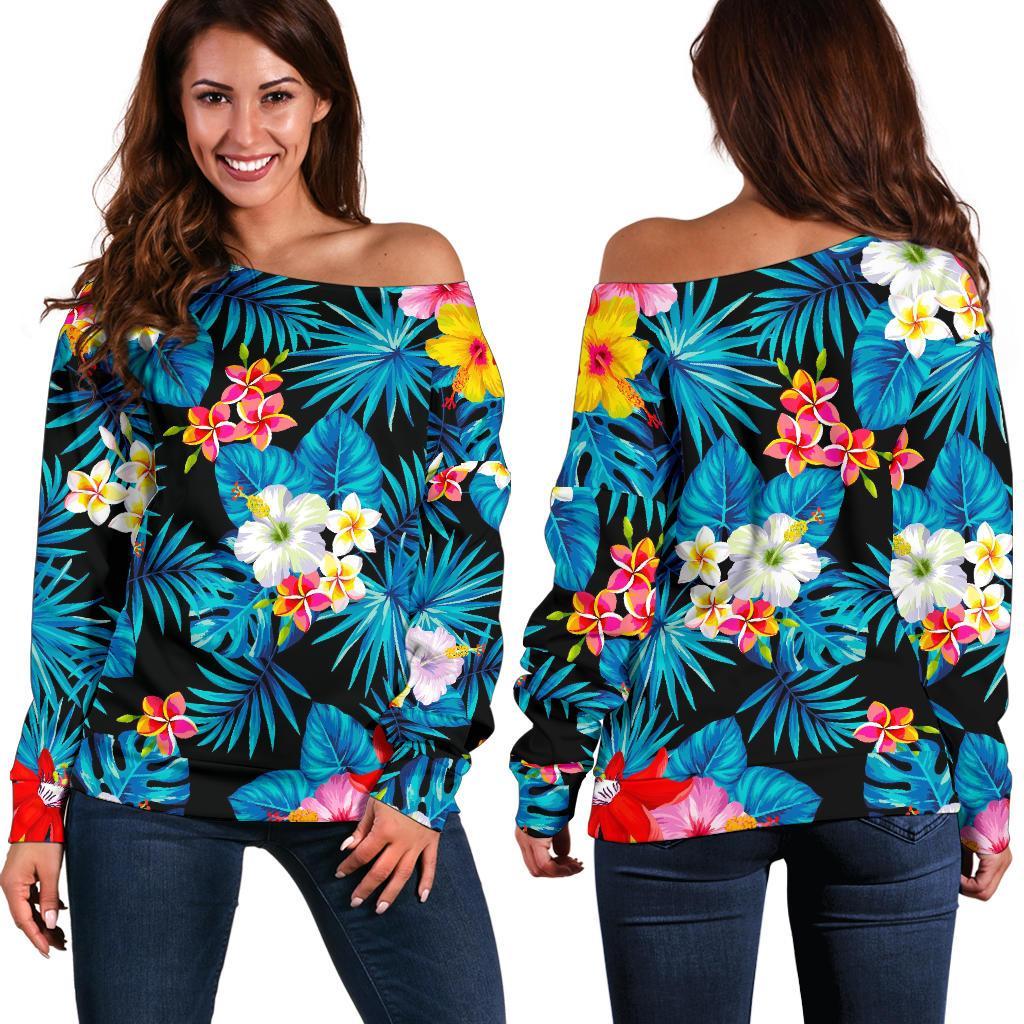 Turquoise Tropical Hawaii Pattern Print Off Shoulder Sweatshirt GearFrost