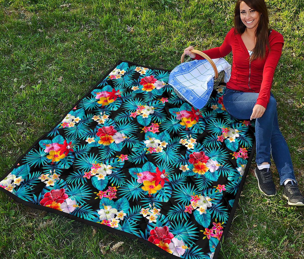 Turquoise Tropical Hawaii Pattern Print Quilt