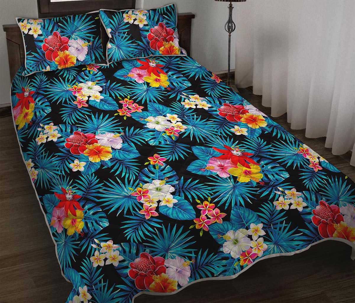 Turquoise Tropical Hawaii Pattern Print Quilt Bed Set
