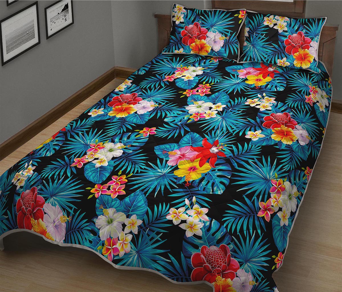 Turquoise Tropical Hawaii Pattern Print Quilt Bed Set