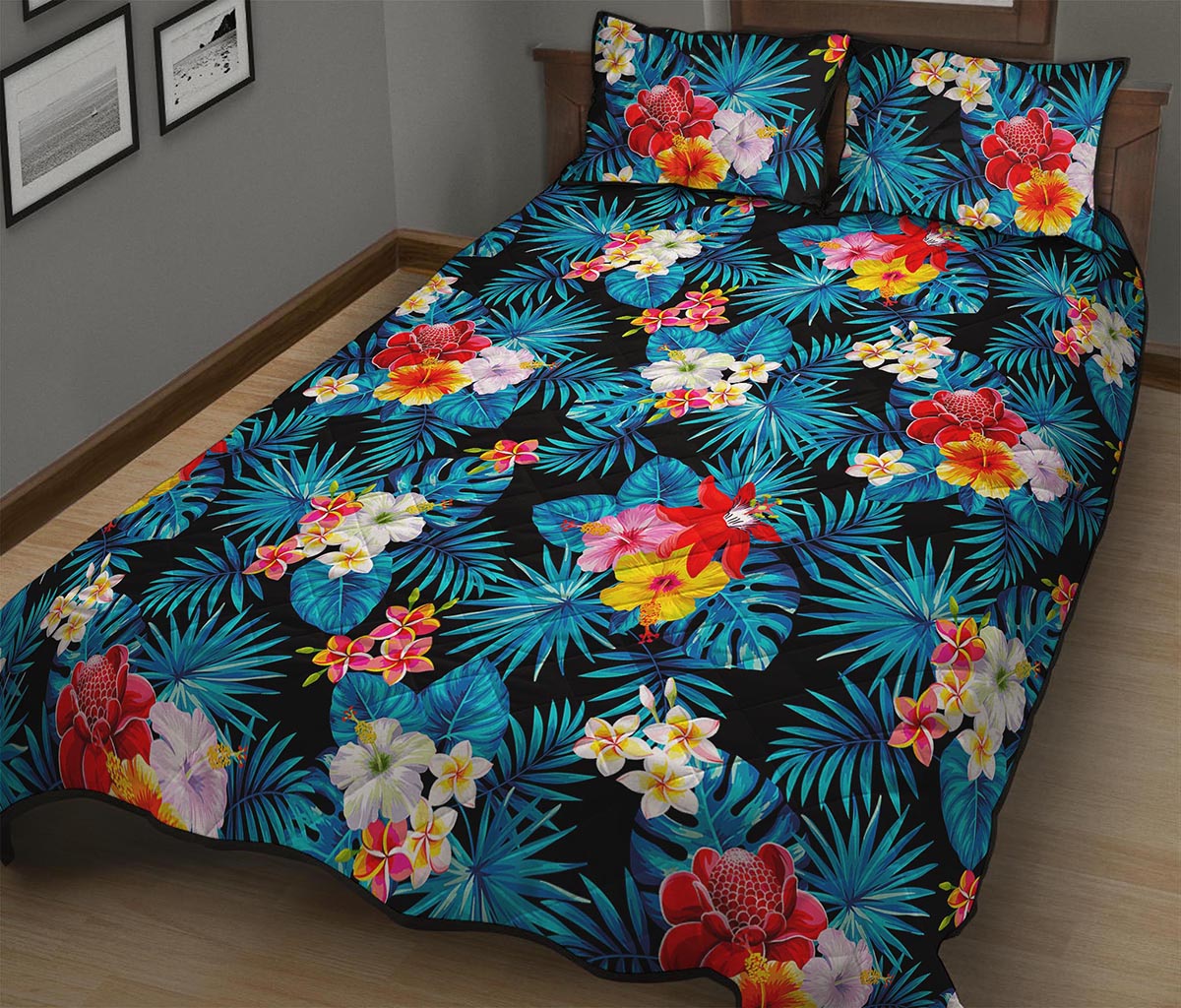 Turquoise Tropical Hawaii Pattern Print Quilt Bed Set
