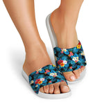 Turquoise Tropical Hawaii Pattern Print White Slide Sandals