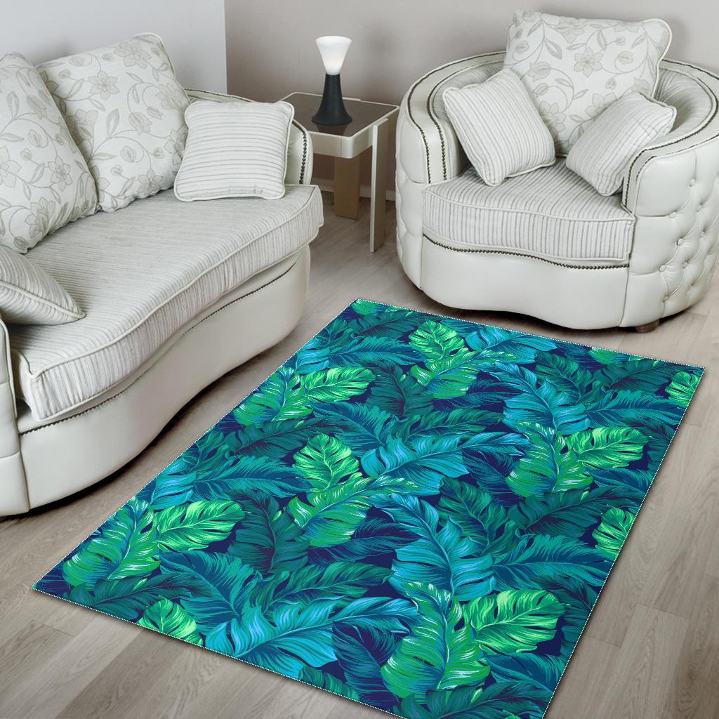 Turquoise Tropical Leaf Pattern Print Area Rug GearFrost