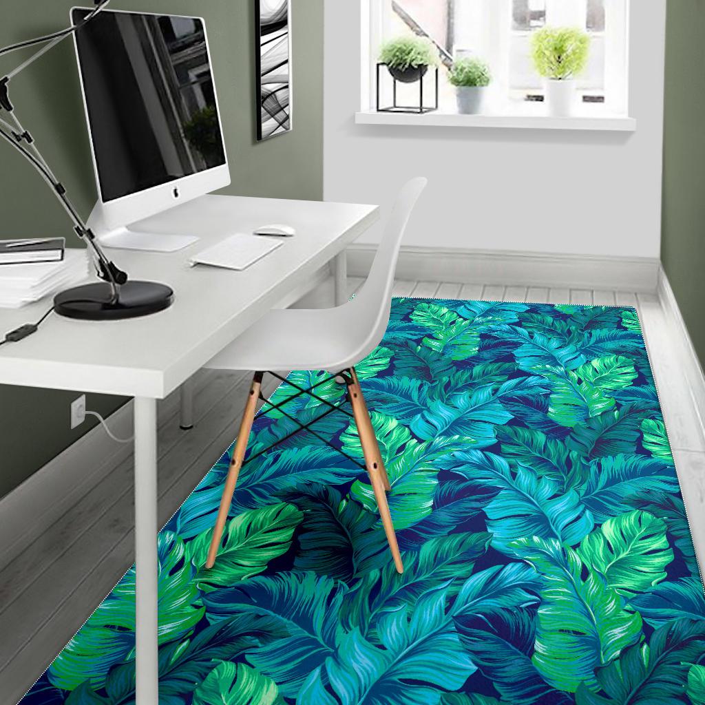 Turquoise Tropical Leaf Pattern Print Area Rug GearFrost