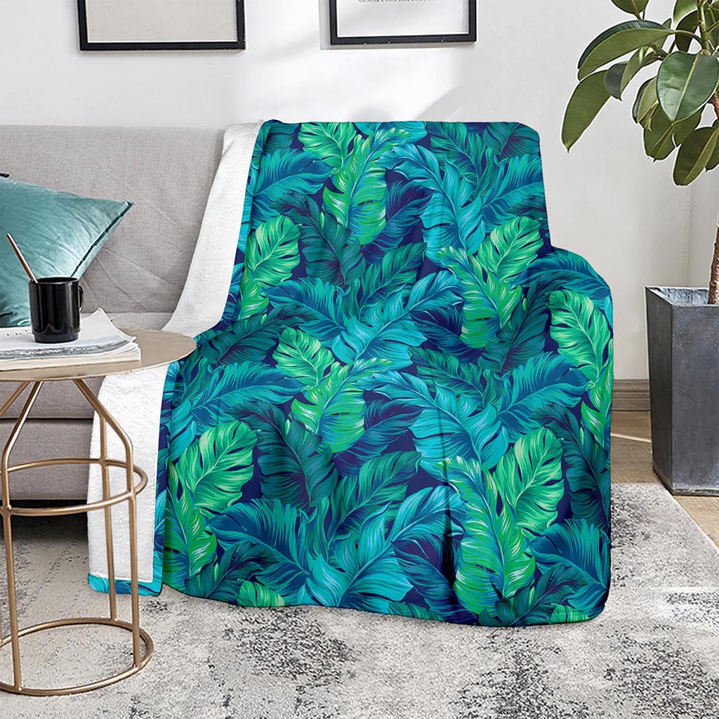Turquoise Tropical Leaf Pattern Print Blanket