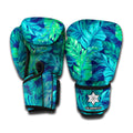 Turquoise Tropical Leaf Pattern Print Boxing Gloves
