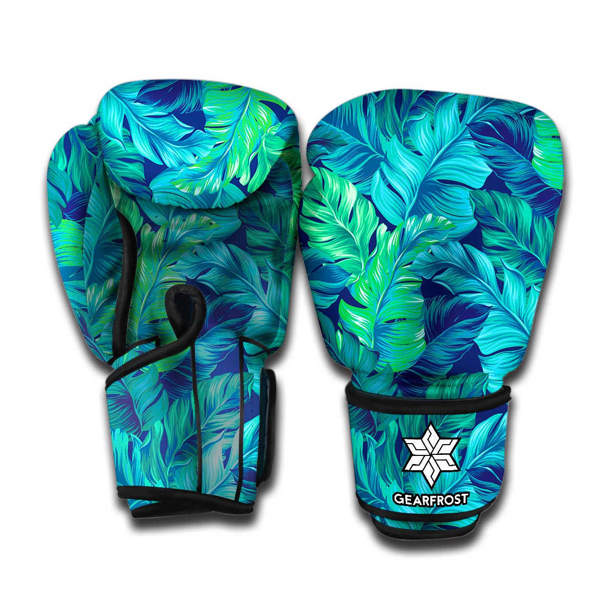 Turquoise Tropical Leaf Pattern Print Boxing Gloves