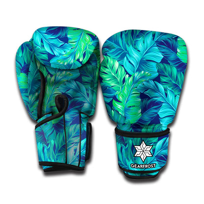 Turquoise Tropical Leaf Pattern Print Boxing Gloves
