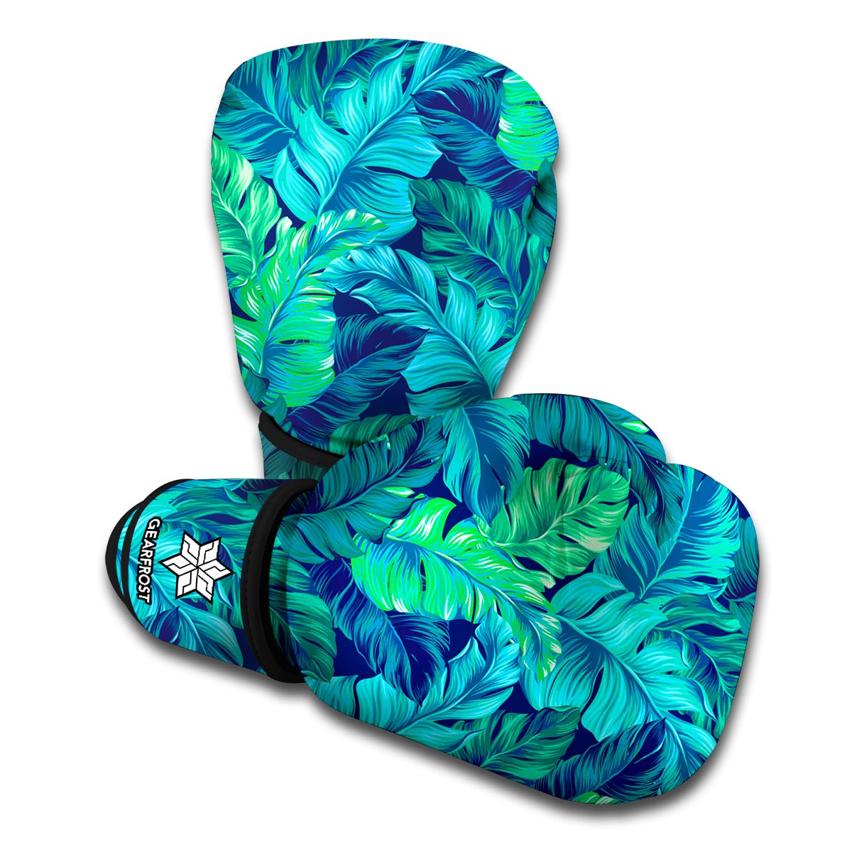 Turquoise Tropical Leaf Pattern Print Boxing Gloves