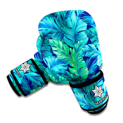 Turquoise Tropical Leaf Pattern Print Boxing Gloves