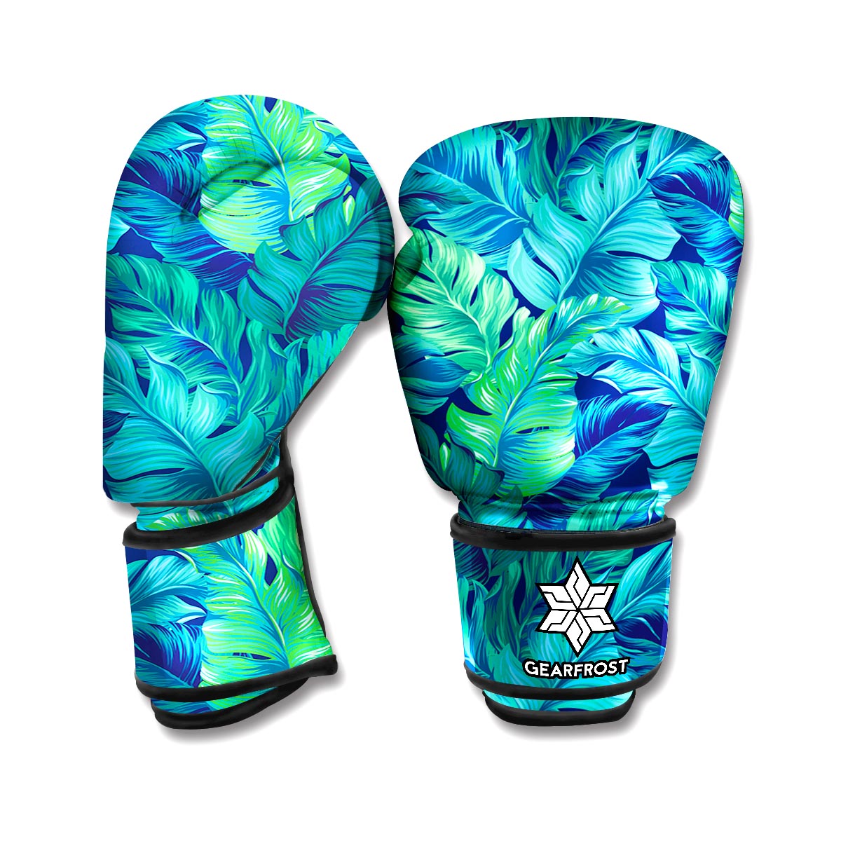 Turquoise Tropical Leaf Pattern Print Boxing Gloves