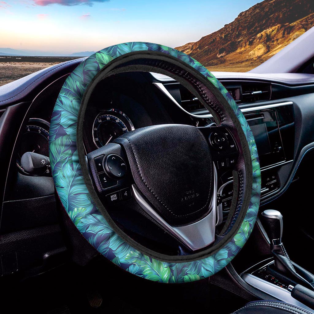Turquoise Tropical Leaf Pattern Print Car Steering Wheel Cover
