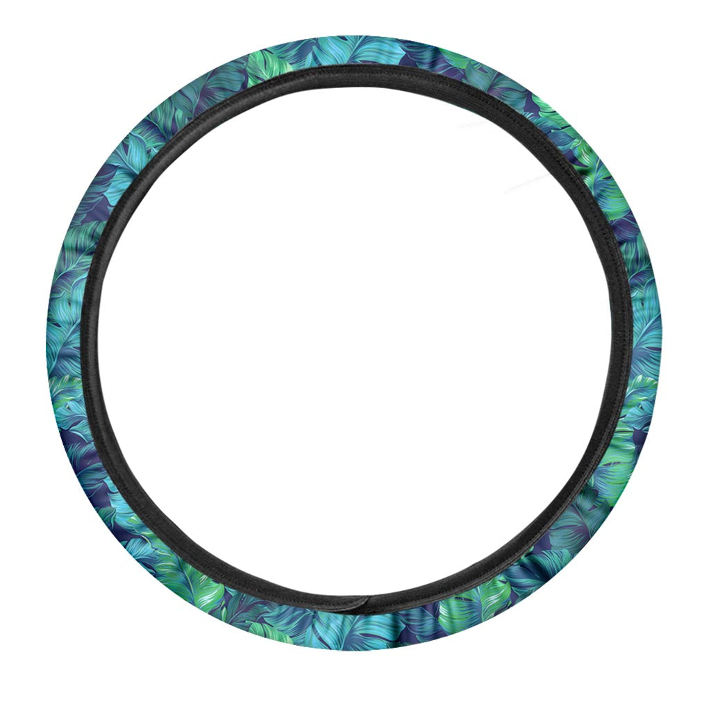 Turquoise Tropical Leaf Pattern Print Car Steering Wheel Cover