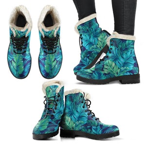 Turquoise Tropical Leaf Pattern Print Comfy Boots GearFrost