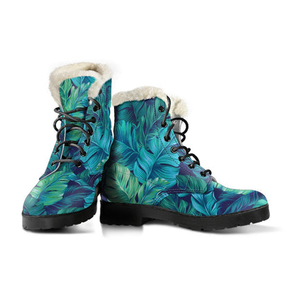 Turquoise Tropical Leaf Pattern Print Comfy Boots GearFrost