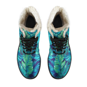 Turquoise Tropical Leaf Pattern Print Comfy Boots GearFrost