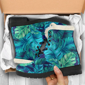 Turquoise Tropical Leaf Pattern Print Comfy Boots GearFrost