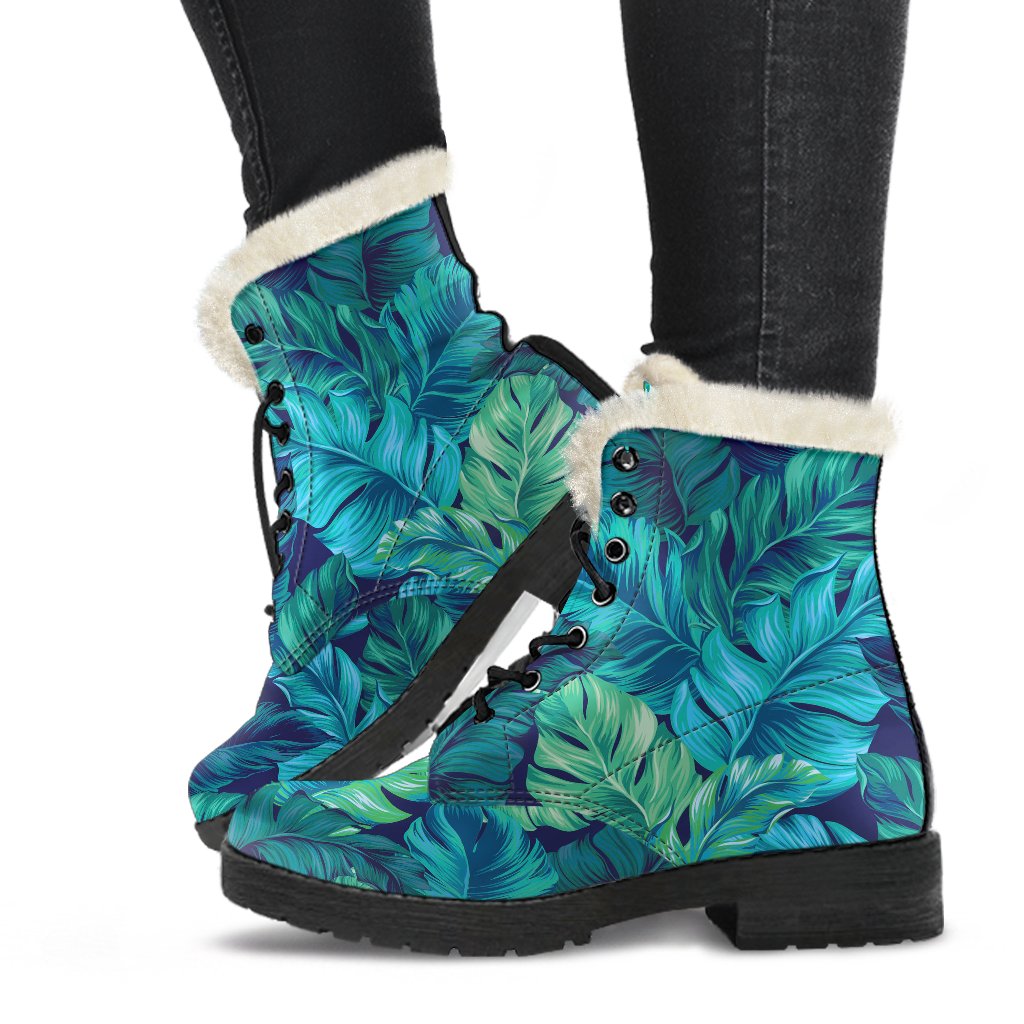 Turquoise Tropical Leaf Pattern Print Comfy Boots GearFrost