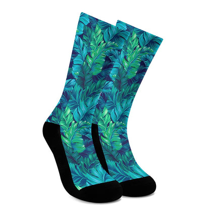 Turquoise Tropical Leaf Pattern Print Crew Socks