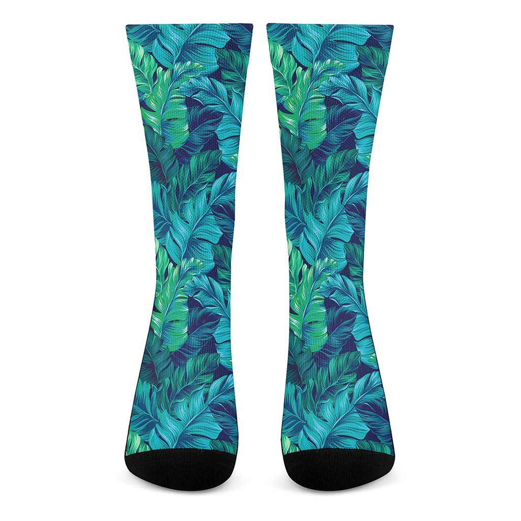 Turquoise Tropical Leaf Pattern Print Crew Socks