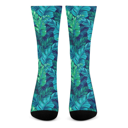 Turquoise Tropical Leaf Pattern Print Crew Socks