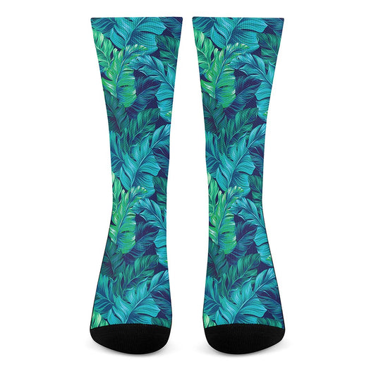 Turquoise Tropical Leaf Pattern Print Crew Socks