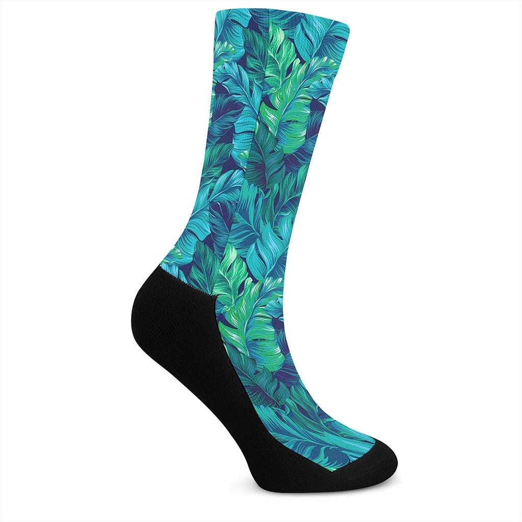 Turquoise Tropical Leaf Pattern Print Crew Socks