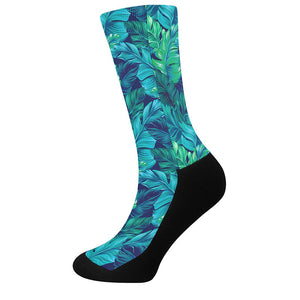 Turquoise Tropical Leaf Pattern Print Crew Socks