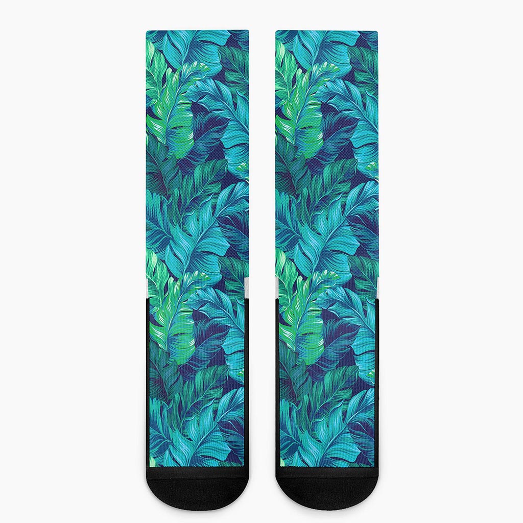Turquoise Tropical Leaf Pattern Print Crew Socks