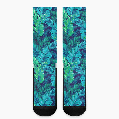 Turquoise Tropical Leaf Pattern Print Crew Socks
