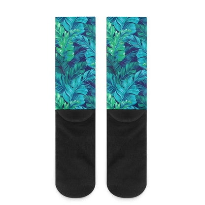 Turquoise Tropical Leaf Pattern Print Crew Socks