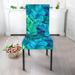 Turquoise Tropical Leaf Pattern Print Dining Chair Slipcover