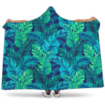 Turquoise Tropical Leaf Pattern Print Hooded Blanket