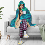Turquoise Tropical Leaf Pattern Print Hooded Blanket