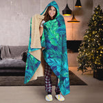 Turquoise Tropical Leaf Pattern Print Hooded Blanket