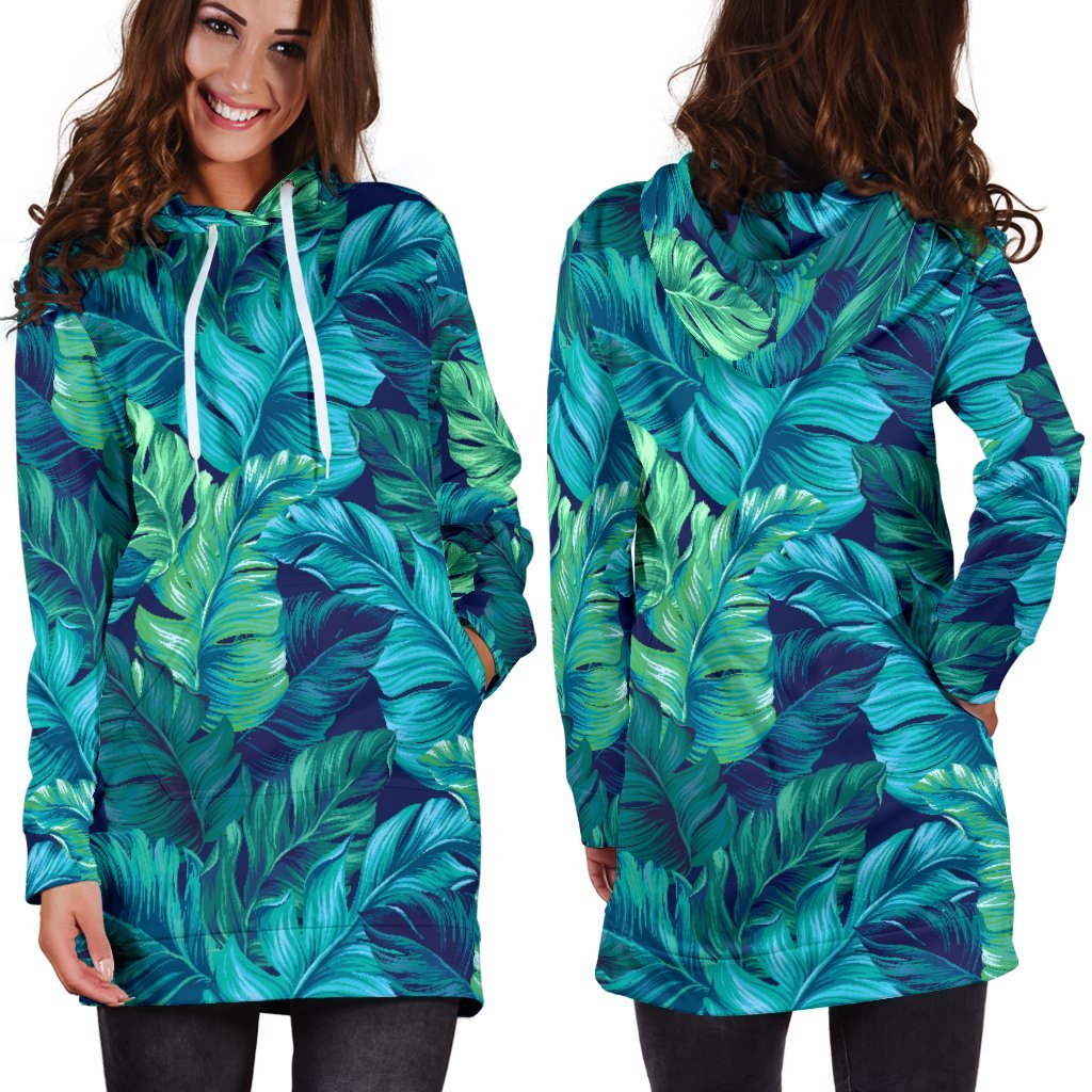 Turquoise Tropical Leaf Pattern Print Hoodie Dress GearFrost