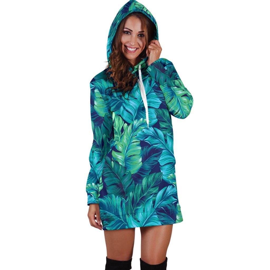 Turquoise Tropical Leaf Pattern Print Hoodie Dress GearFrost