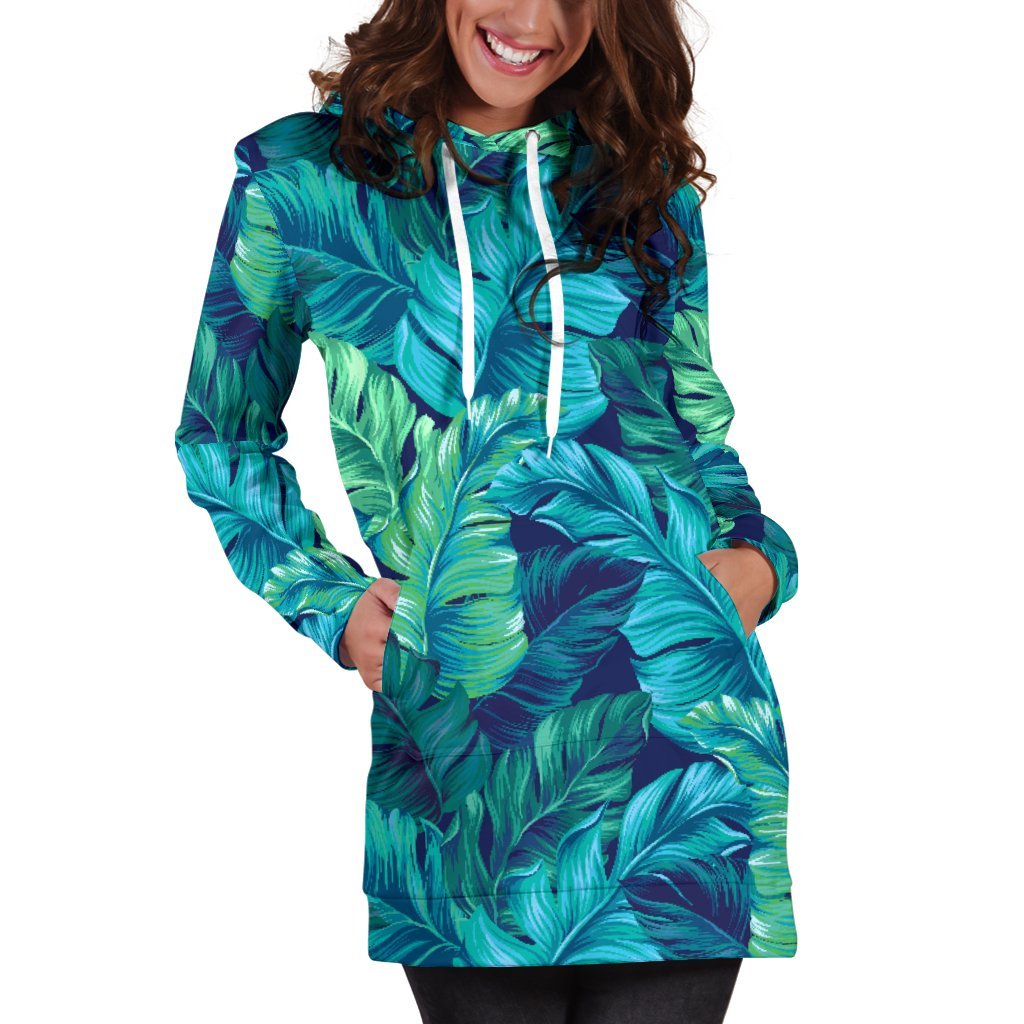 Turquoise Tropical Leaf Pattern Print Hoodie Dress GearFrost