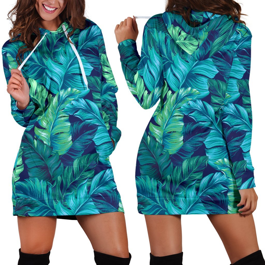 Turquoise Tropical Leaf Pattern Print Hoodie Dress GearFrost
