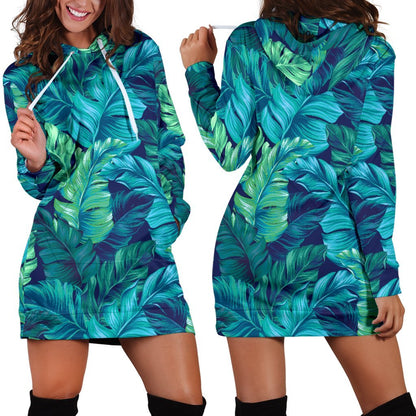 Turquoise Tropical Leaf Pattern Print Hoodie Dress GearFrost