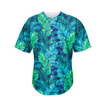 Turquoise Tropical Leaf Pattern Print Men's Baseball Jersey