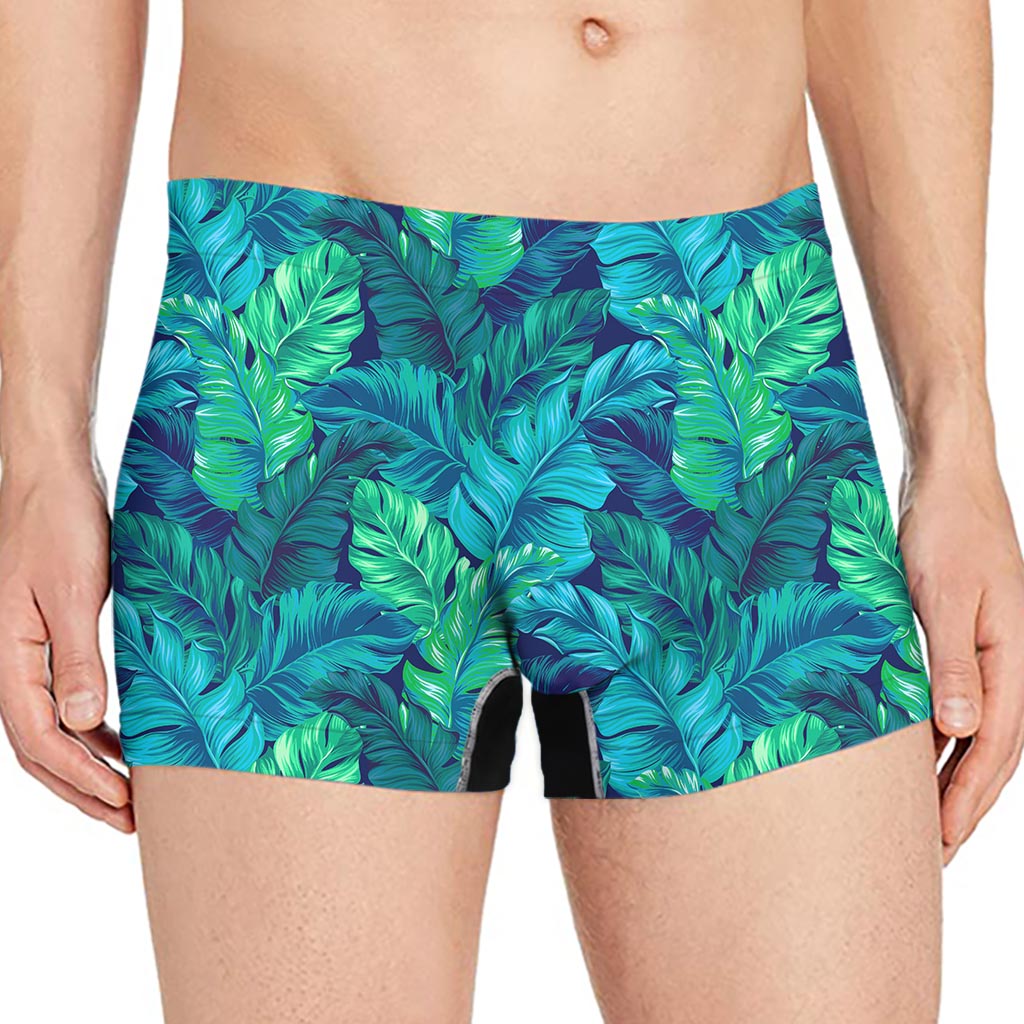 Turquoise Tropical Leaf Pattern Print Men's Boxer Briefs