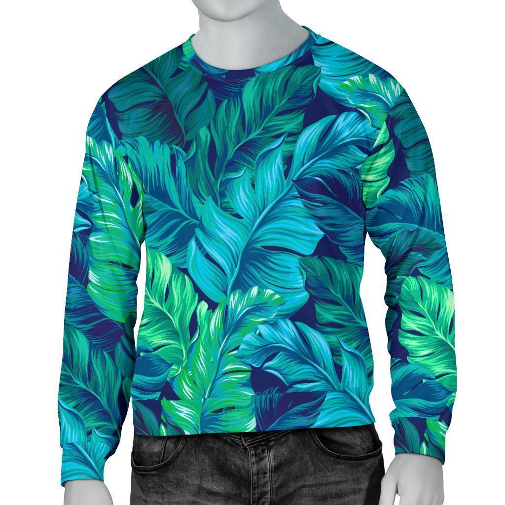 Turquoise Tropical Leaf Pattern Print Men's Crewneck Sweatshirt GearFrost