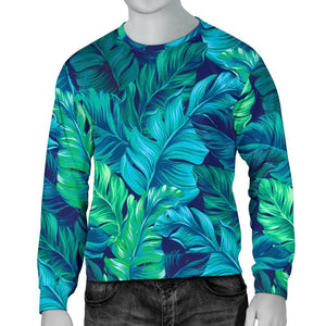 Turquoise Tropical Leaf Pattern Print Men's Crewneck Sweatshirt GearFrost