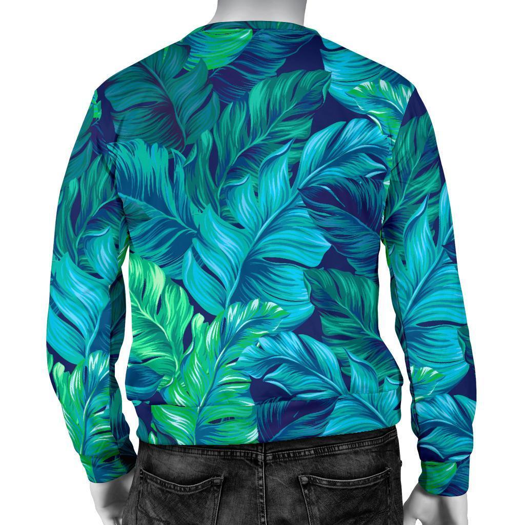 Turquoise Tropical Leaf Pattern Print Men's Crewneck Sweatshirt GearFrost